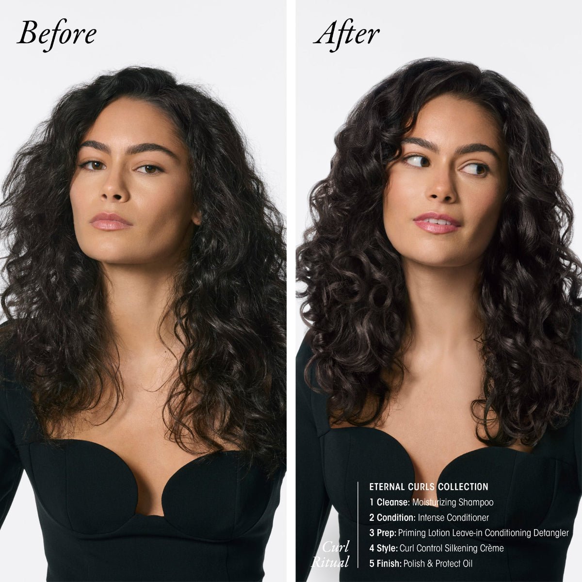 Before and after comparison of a woman with styled hair, featuring product details.