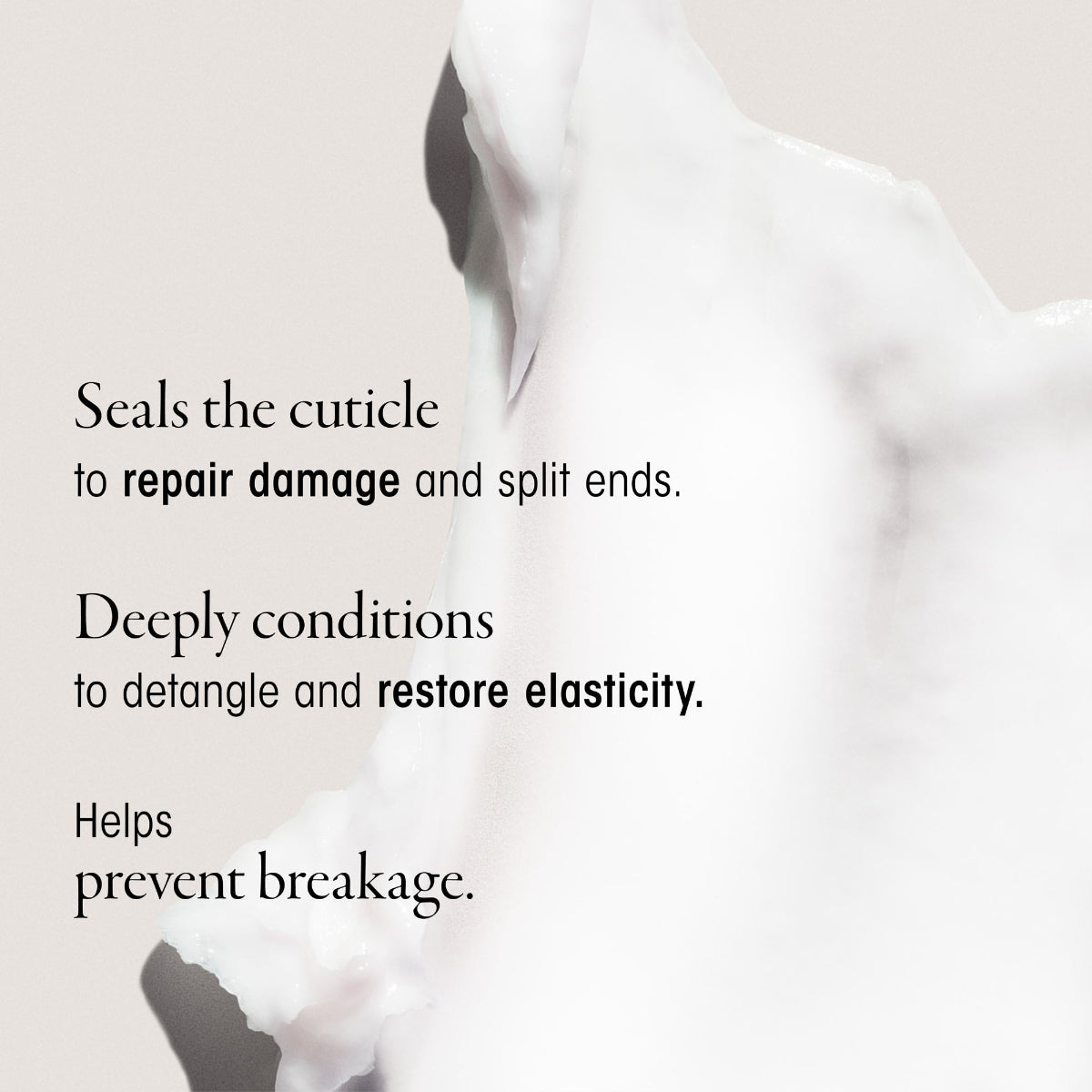 Text describing hair care benefits with a blurred background of a person holding a white towel.