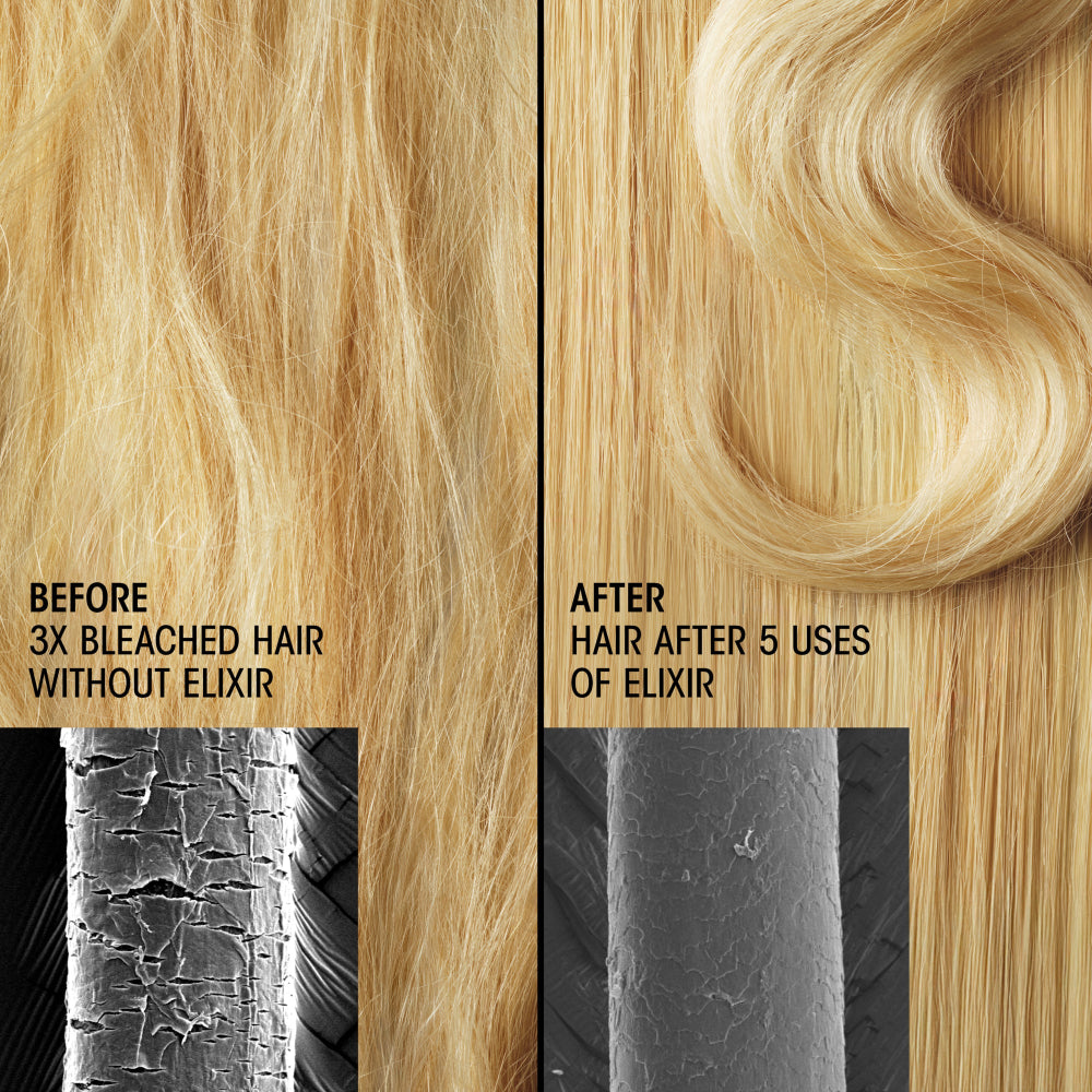 Before-and-after hair comparison graphic showing bleached blonde hair on the left and healthier, fuller-looking hair on the right, with text reading 'BEFORE 3X BLEACHED HAIR WITHOUT ELIXIR' and 'AFTER HAIR AFTER 5 USES OF ELIXIR.'.