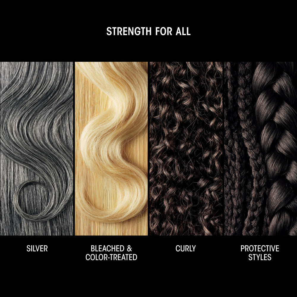 Four hair extension color and texture options under the heading 'STRENGTH FOR ALL' on a black background: silver, bleached and color-treated blonde, curly dark brown, and protective styles dark brown.