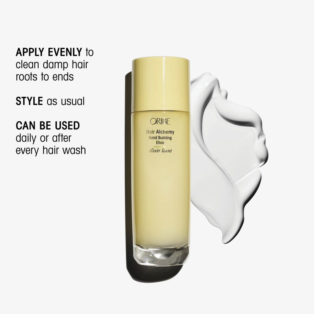 A bottle of Oribe Hair Activator Bond Building Glaze in a pale yellow shade, shown next to a white hair swatch graphic and black application instructions on a light gray background.