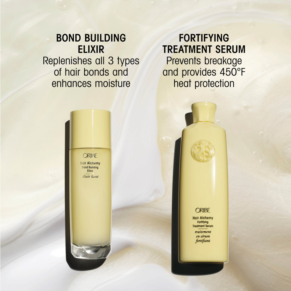 Two ORIBE hair care bottles on a white textured background with promotional text: Bond Building Elixir on the left and Fortifying Treatment Serum on the right.