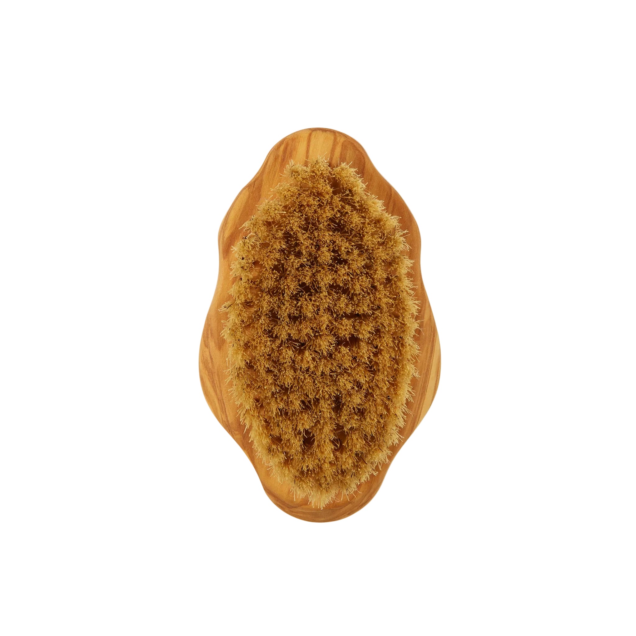 A natural wood hair brush with dense brown bristles, photographed from directly above on a light cream background.