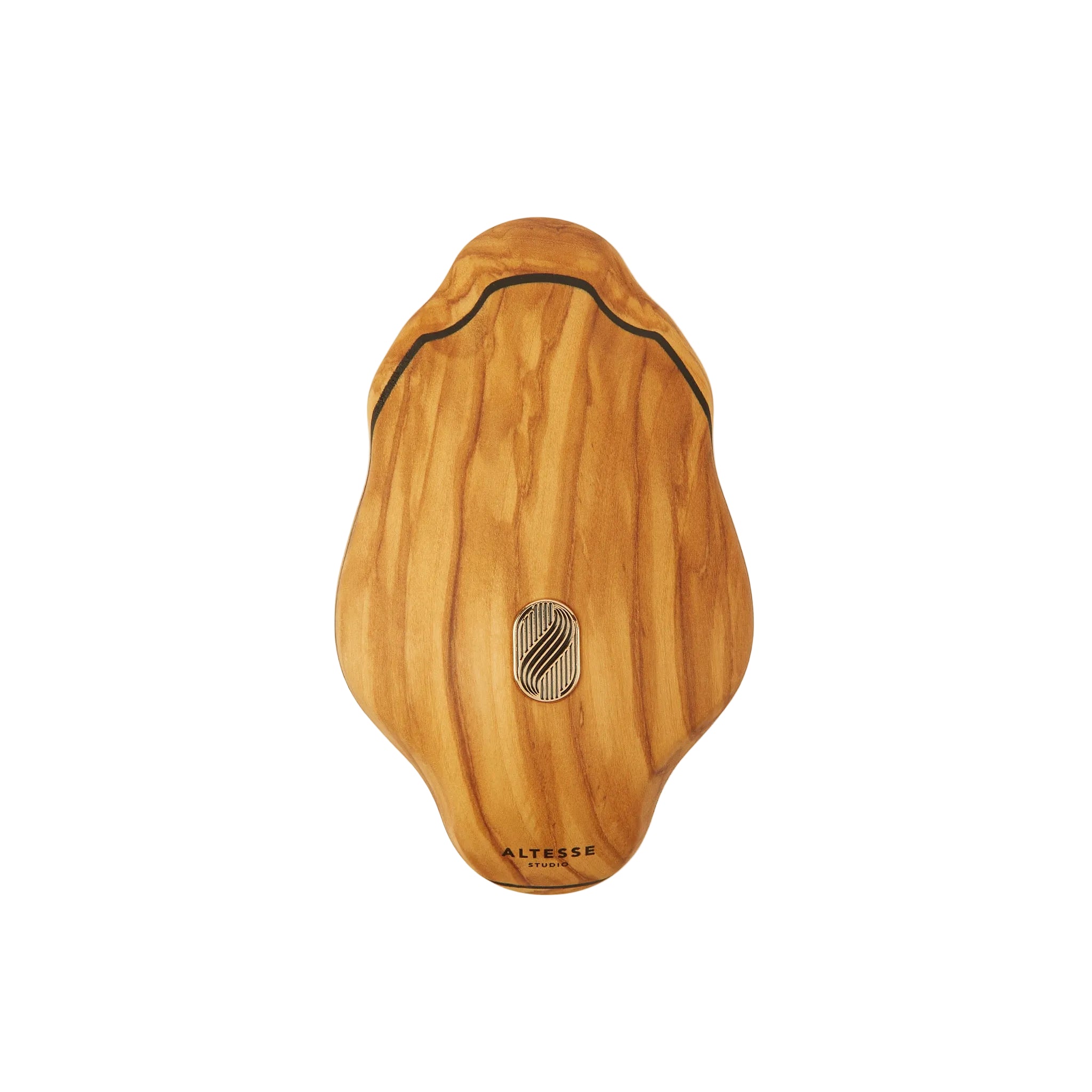 A wooden massage tool with an organic, irregular shape, featuring natural olive wood grain patterns, a black stitched trim, and a silver metal circular emblem in the center. The brand name 'ALTESSE' is printed near the bottom.