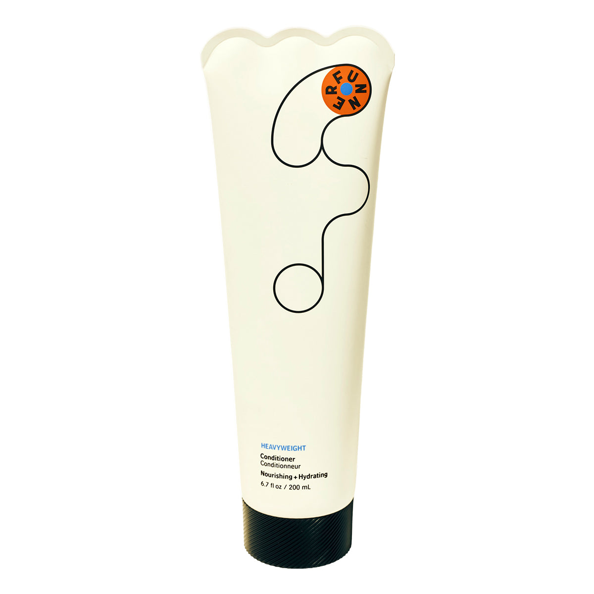 White tube of hair product with black text and orange label on a white background