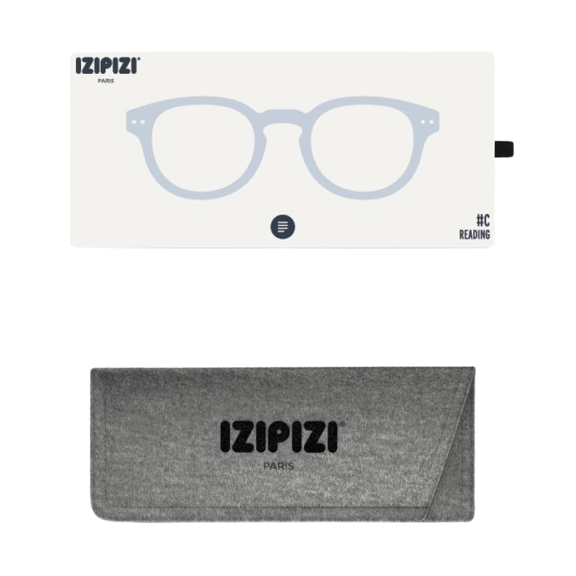 IZIPIZI eyewear packaging with a gray pouch on a white background