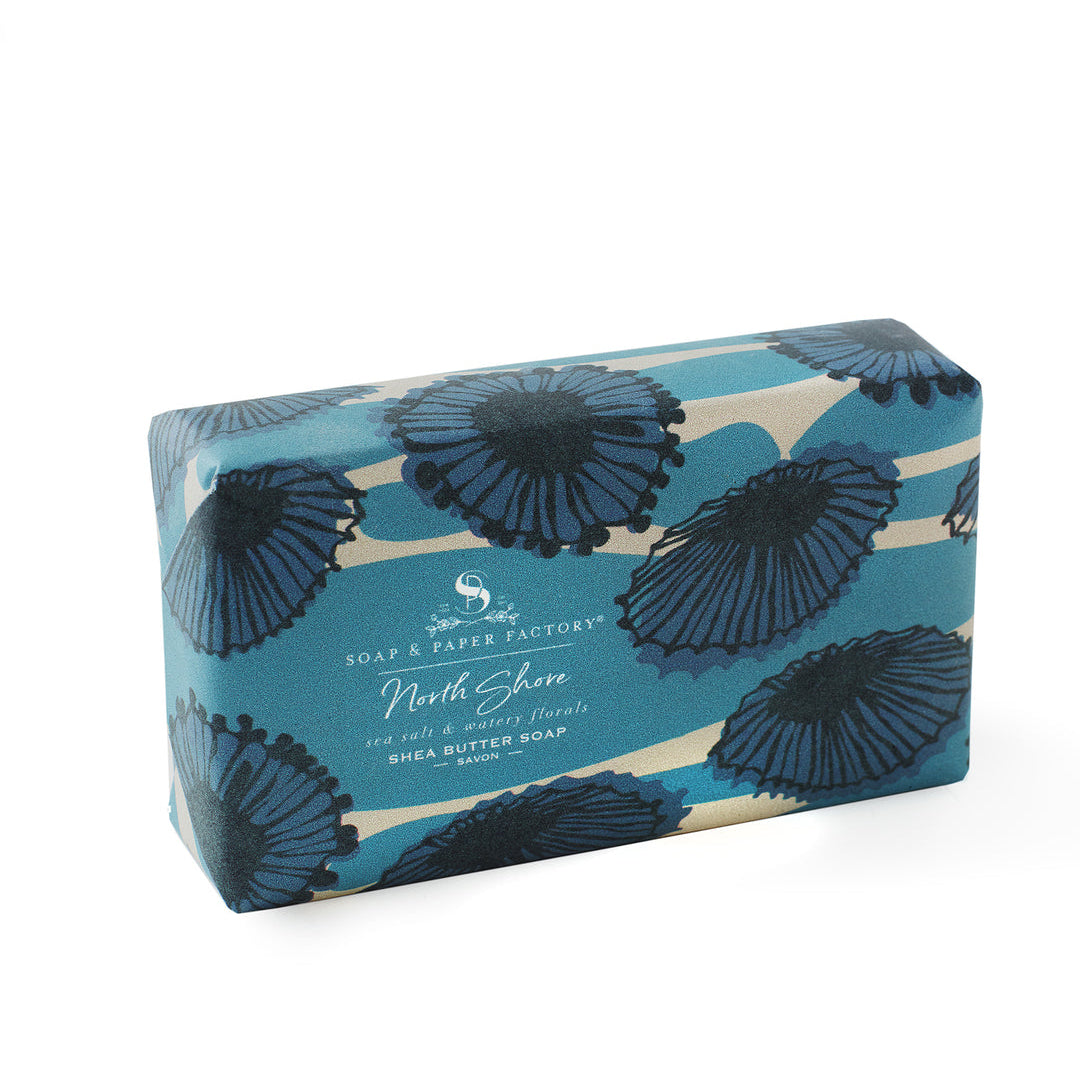 Soap & paper factory Blue soap packaging with shell design on a white background