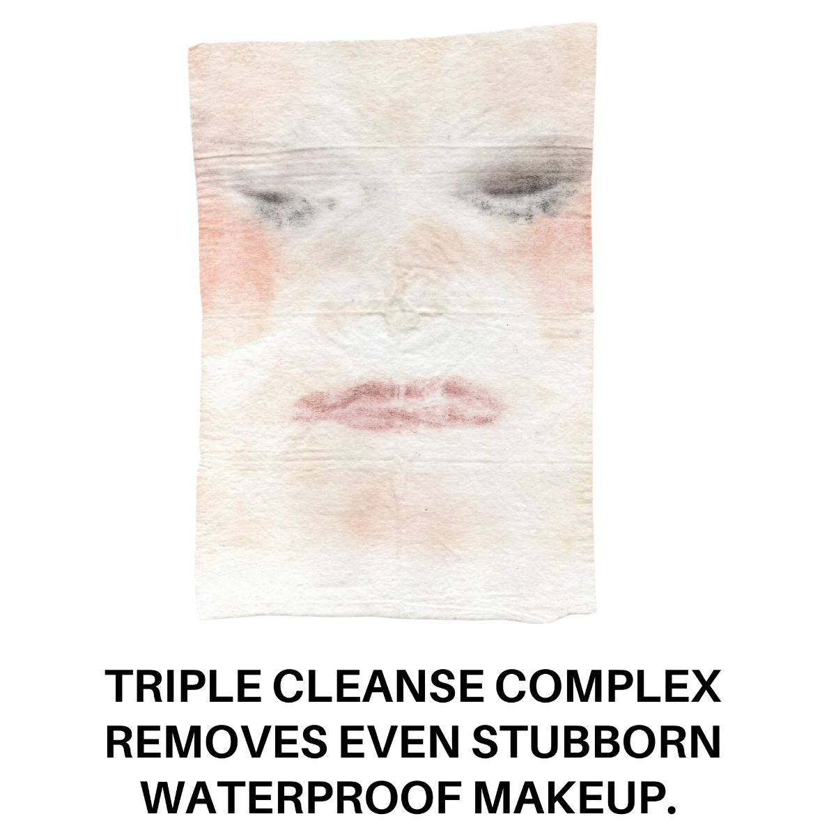 Close-up of a face with makeup removal text on a white background