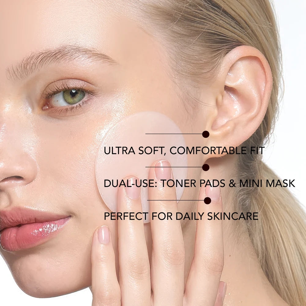 Close-up of a woman's face and ear with translucent circular toner pads applied to her cheek and temple, plus overlaid marketing text reading 'ULTRA SOFT, COMFORTABLE FIT', 'DUAL-USE: TONER PADS & MINI MASK', and 'PERFECT FOR DAILY SKINCARE'.