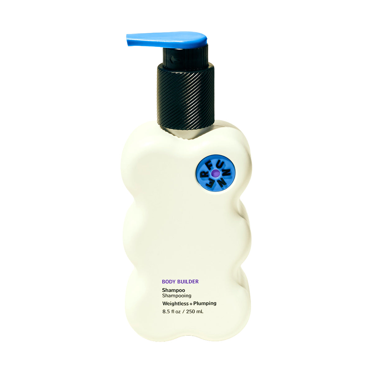 White shampoo bottle with blue cap and label on a white background