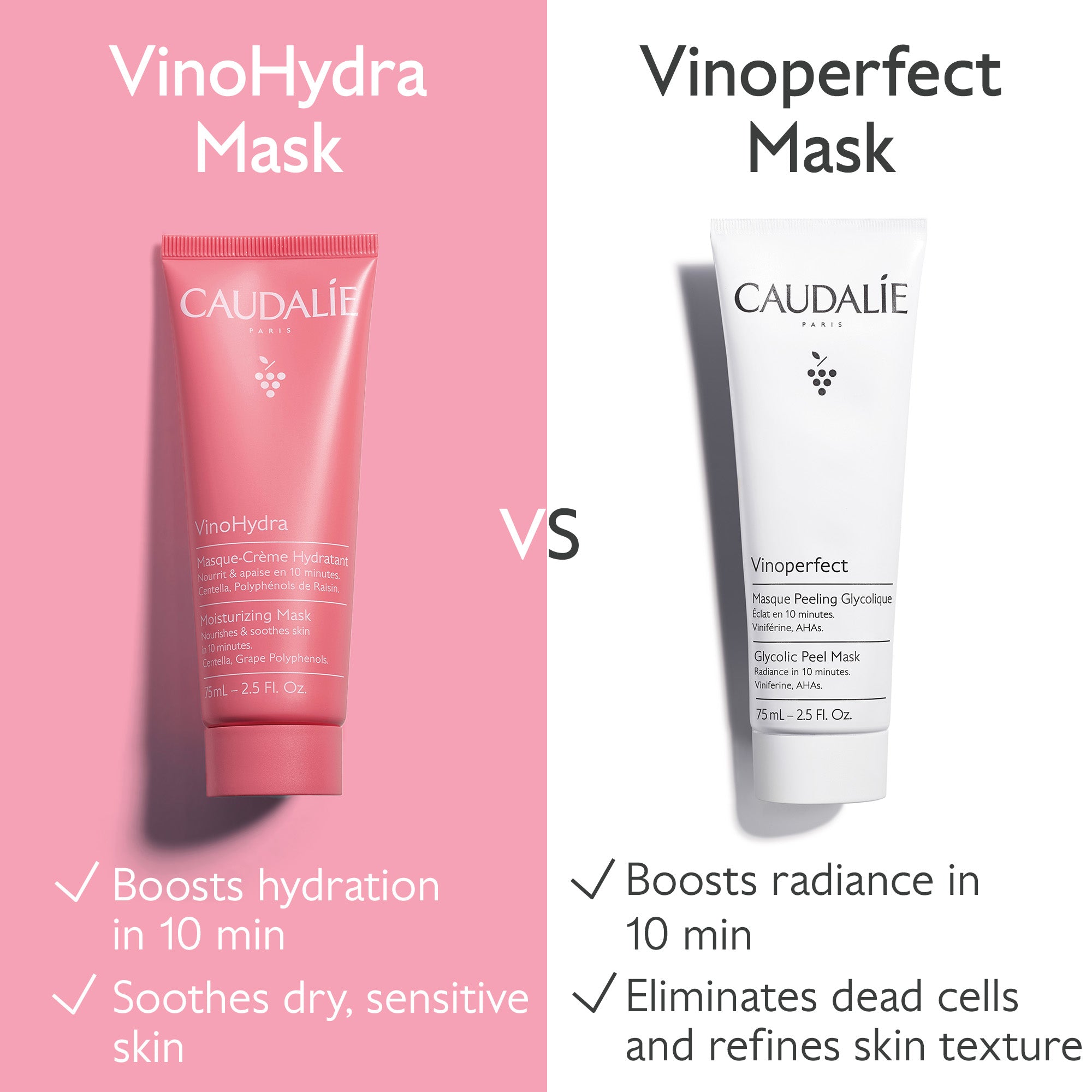 Two Caudélé skincare masks, VinoHydra and Vinoperfect, on a pink and white background with product details.