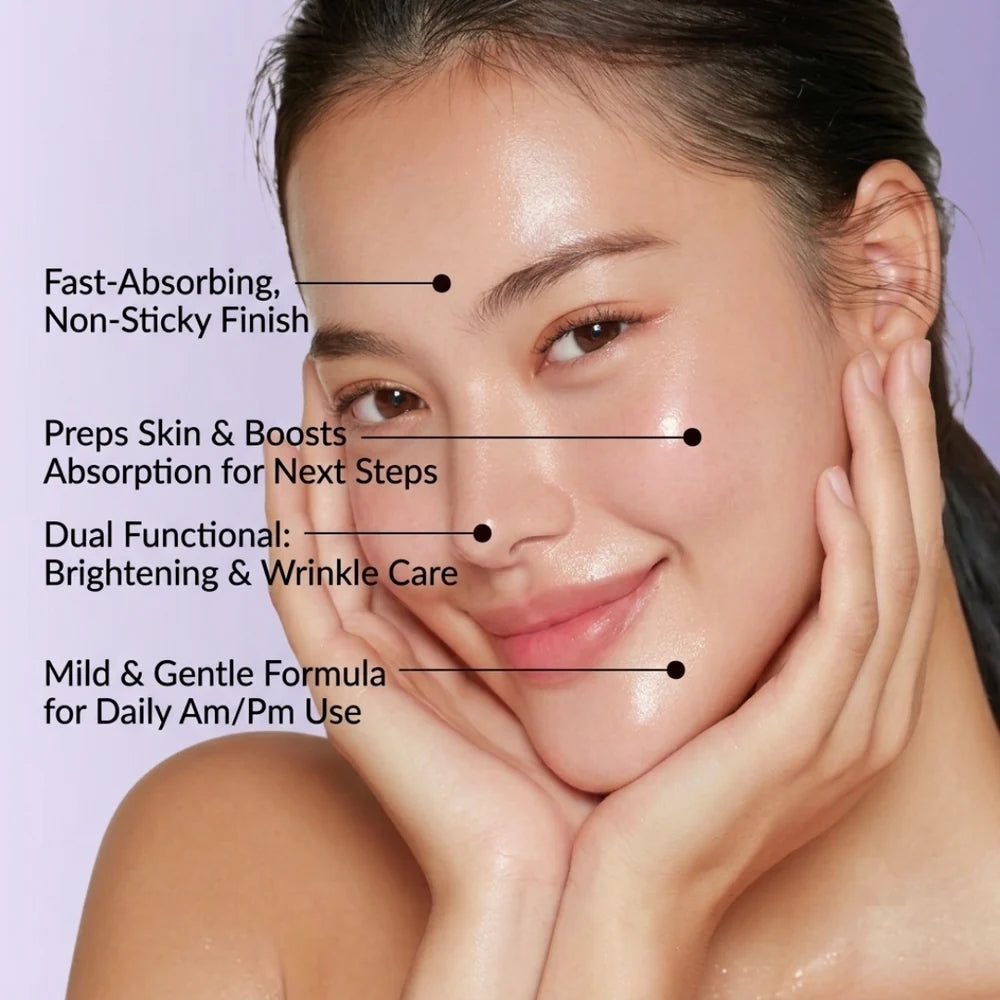 A close-up of a woman's face with text callouts describing skincare benefits: fast-absorbing, non-sticky finish; prep skin and boost absorption for next steps; dual functional brightening and wrinkle care; mild and gentle formula for daily am/pm use.