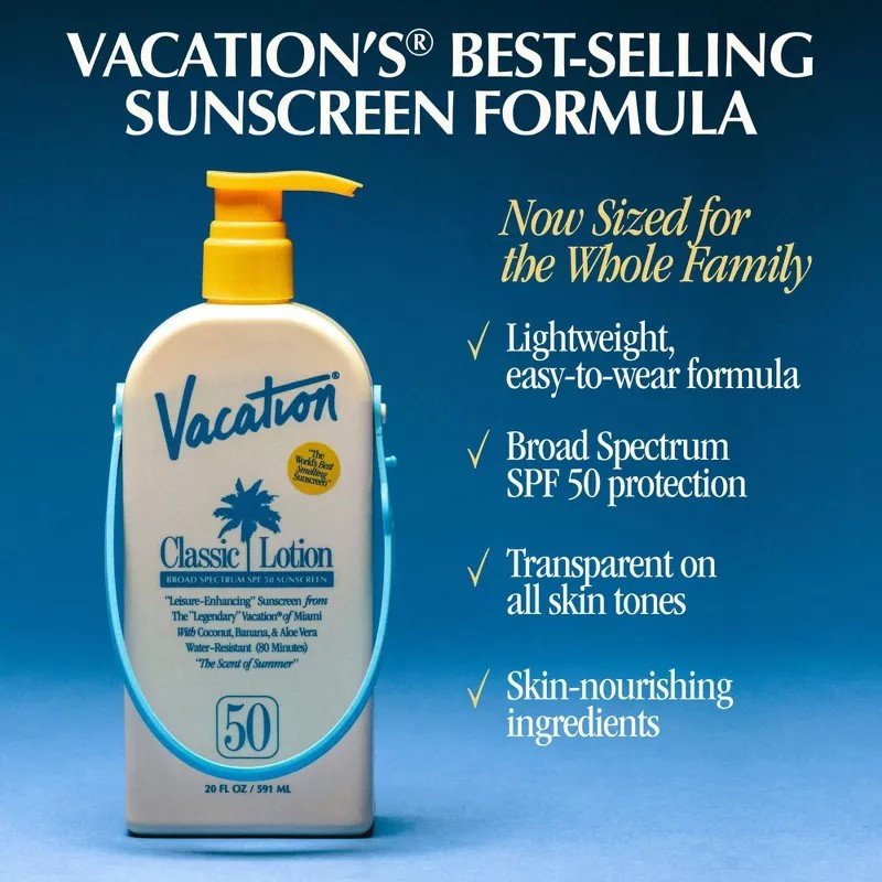 Sunscreen lotion bottle with promotional text on a blue background