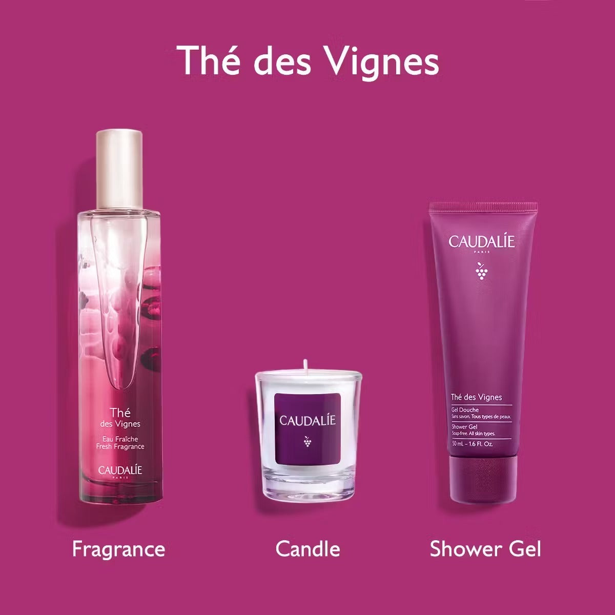 Caudalie Thé des Vignes fragrance, candle, and shower gel on a purple background