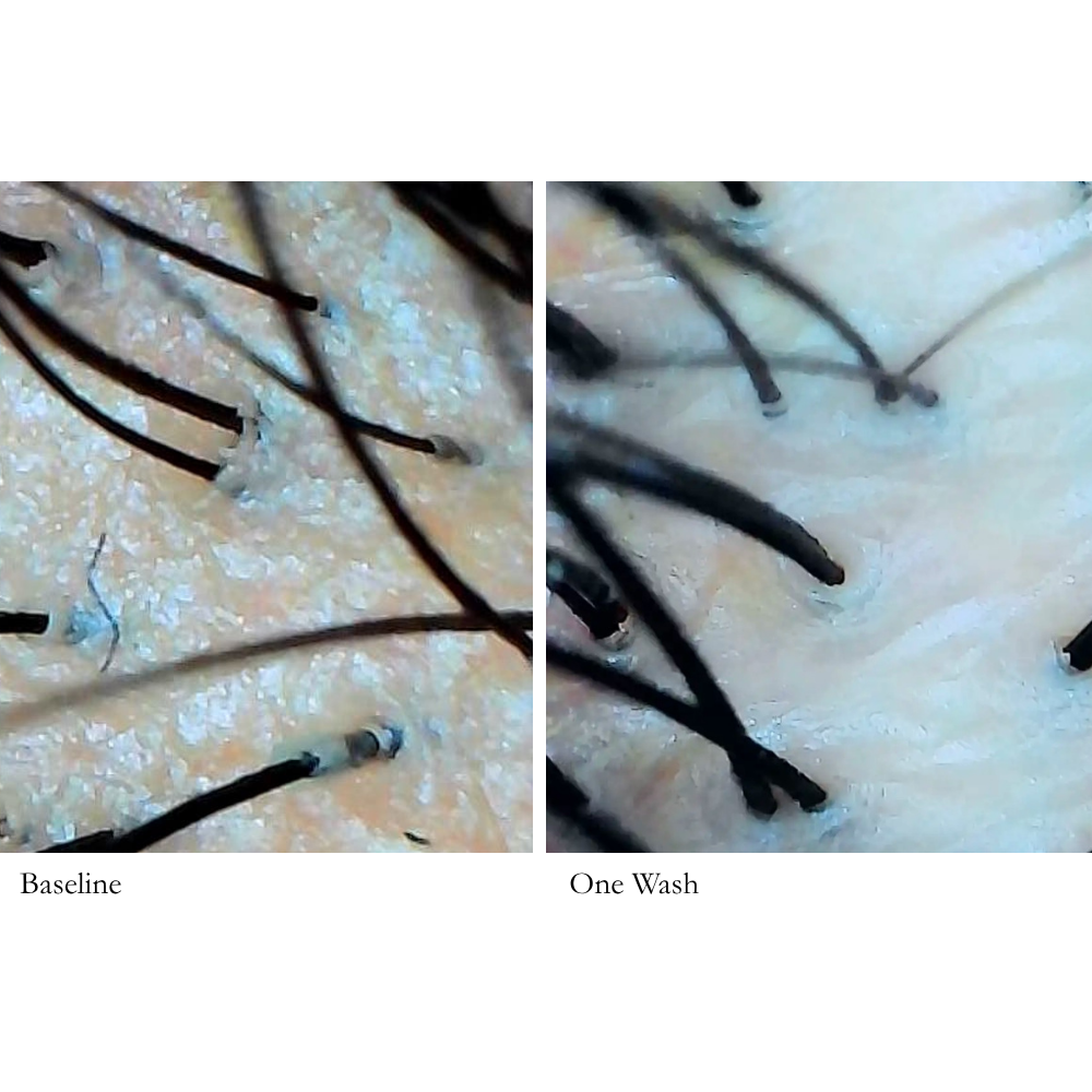 Comparison of hair strands labeled 'Baseline' and 'One Wash' on a textured surface.