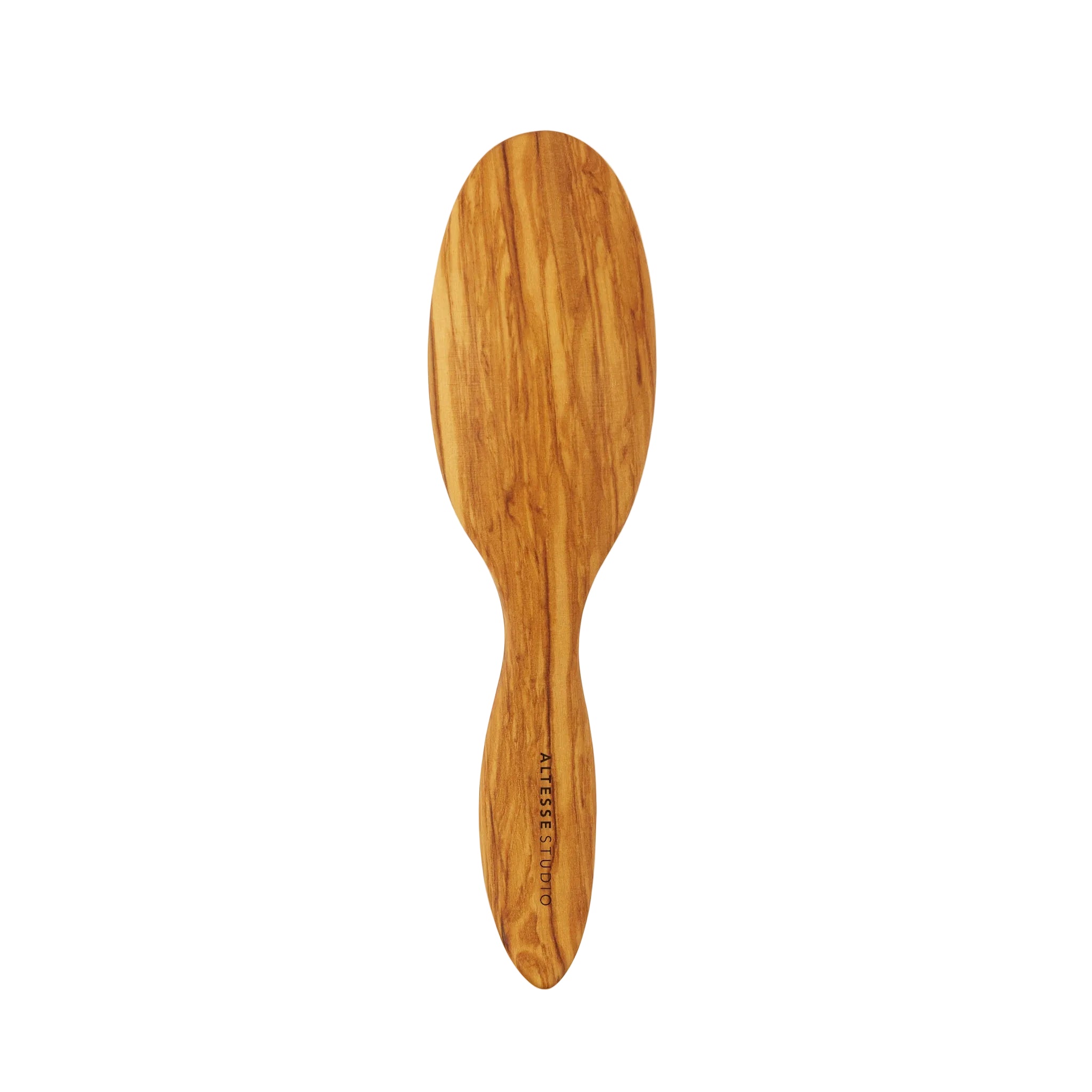 An olive wood hairbrush with a visible grain pattern and the brand name  engraved on the handle, shown against a plain off-white background.
