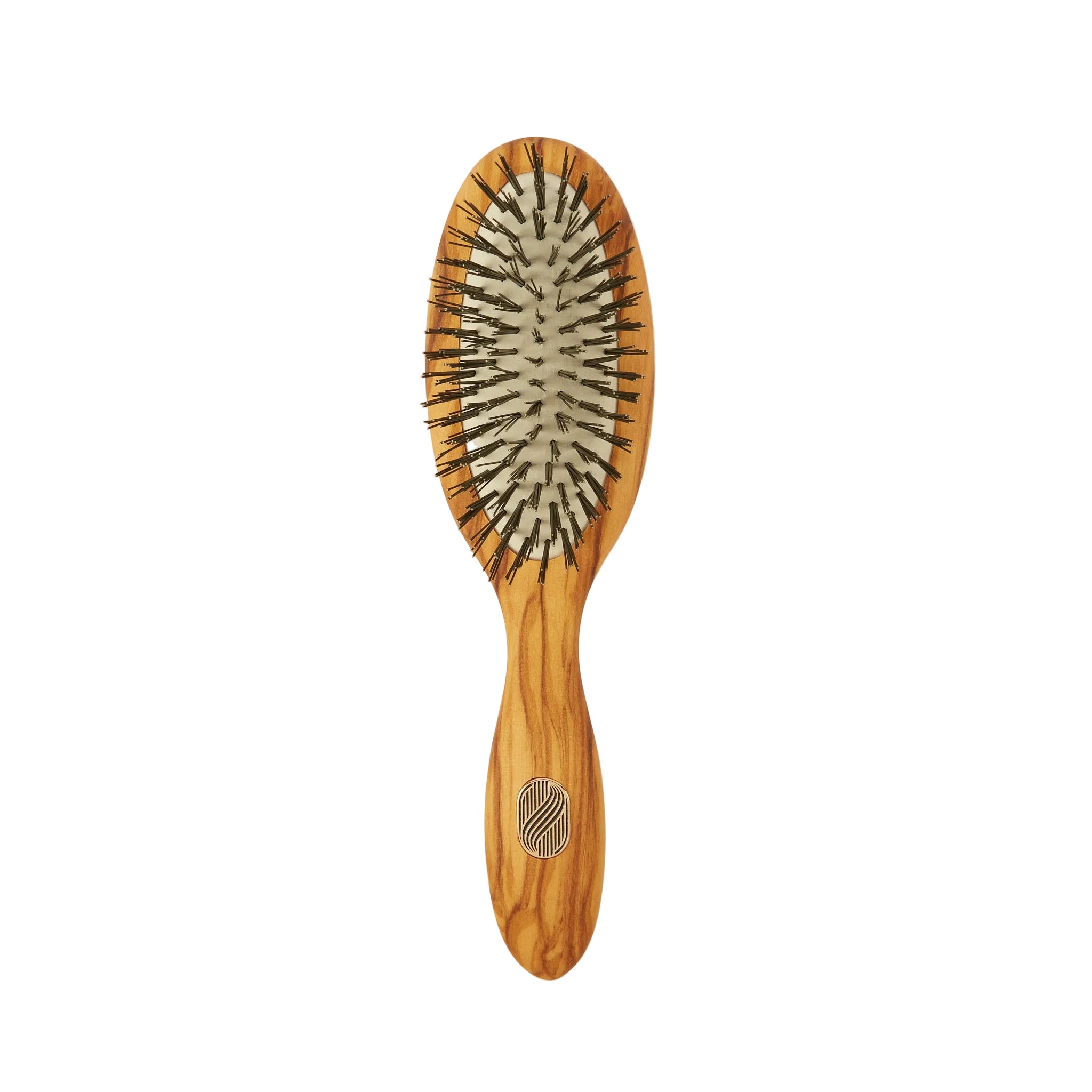 An oval-shaped wooden hairbrush with black bristles and a silver metal center, shown against a plain off-white background.