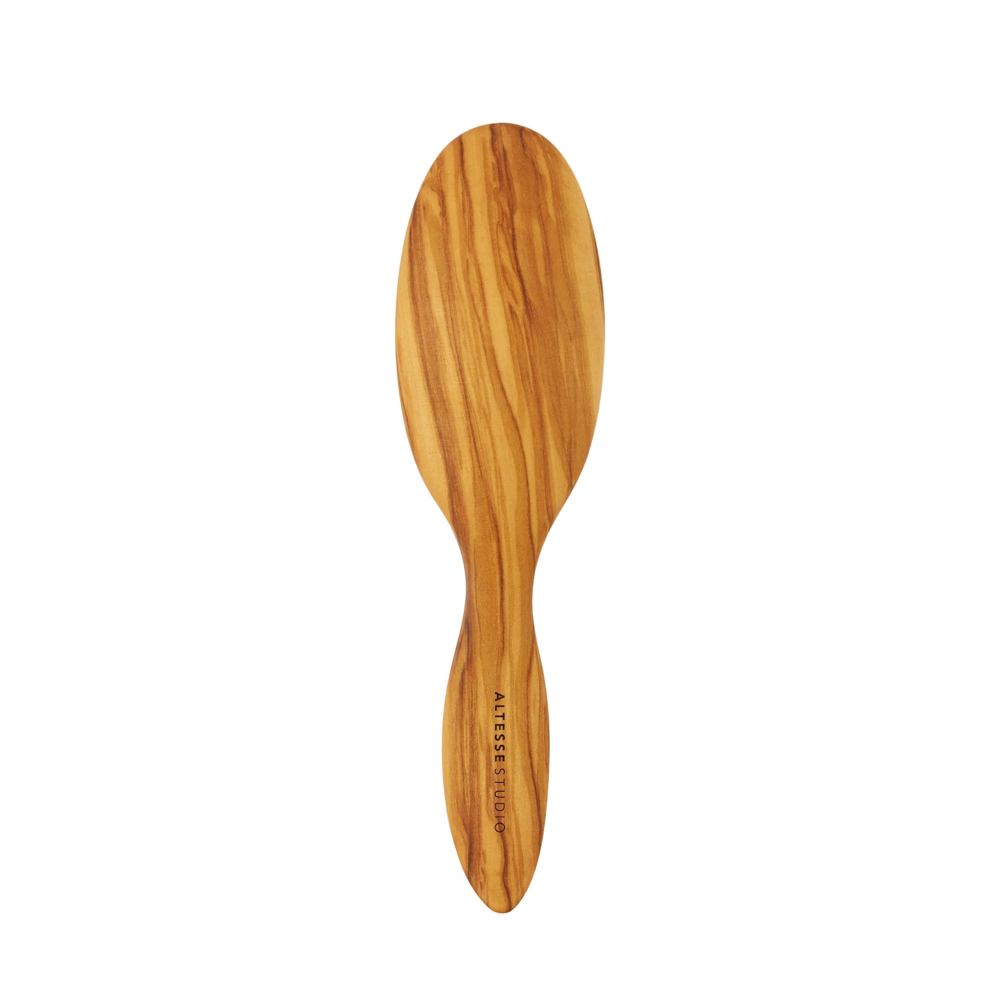 A wooden hairbrush with a smooth, polished finish and natural grain, featuring the brand name  printed vertically on the handle, set against a solid off-white background.