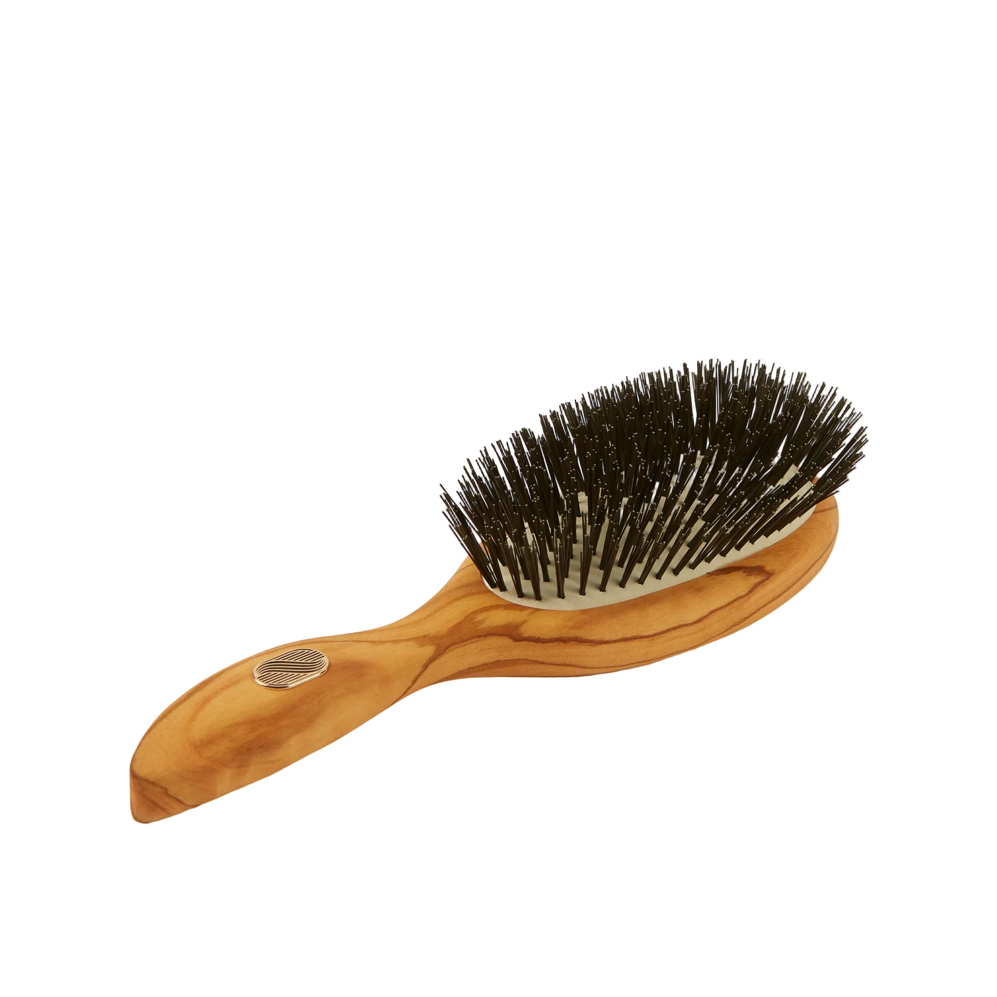 An olive wood hairbrush with black bristles, shown on a clean, light off-white background.