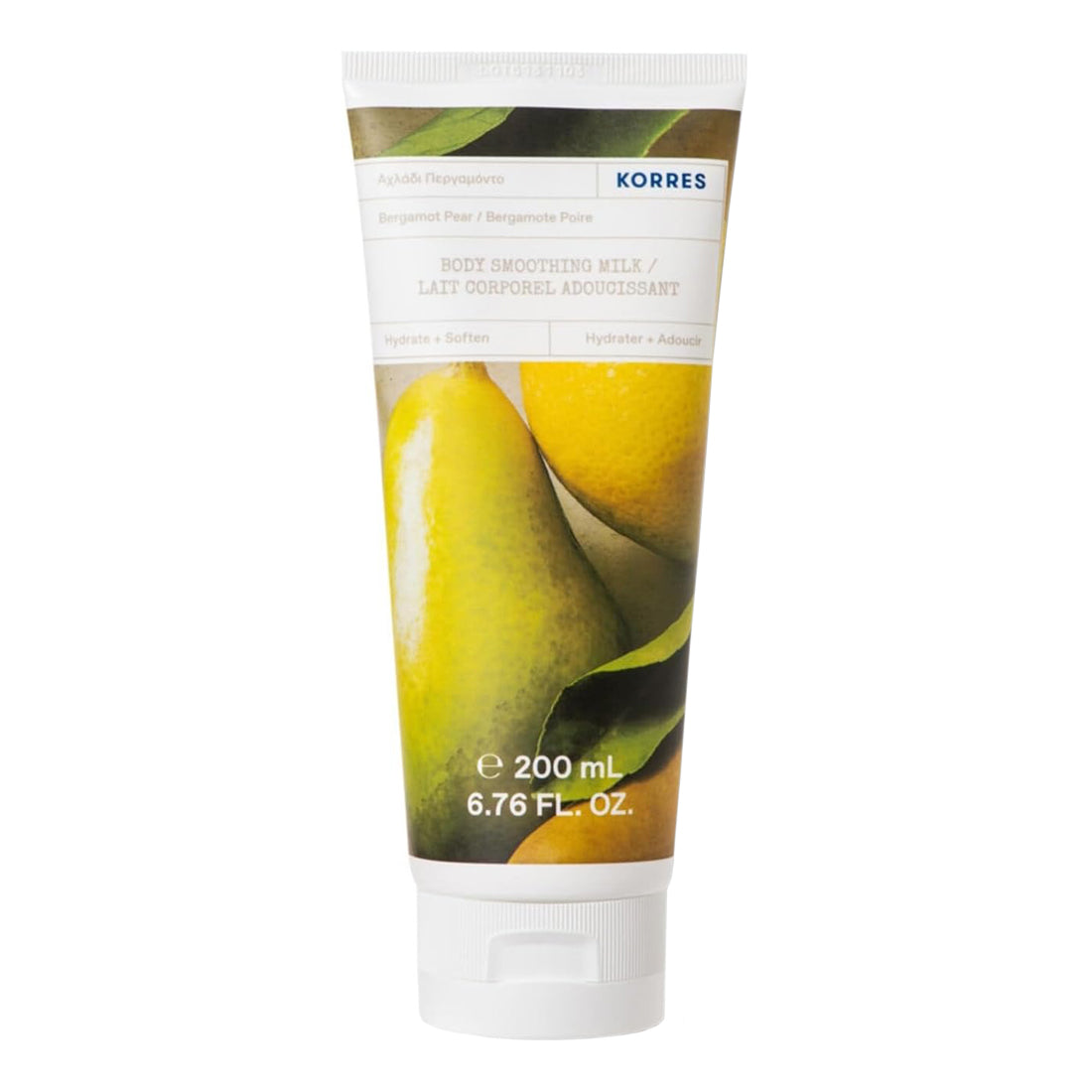 Korres body smoothing milk tube with pear image on a white background