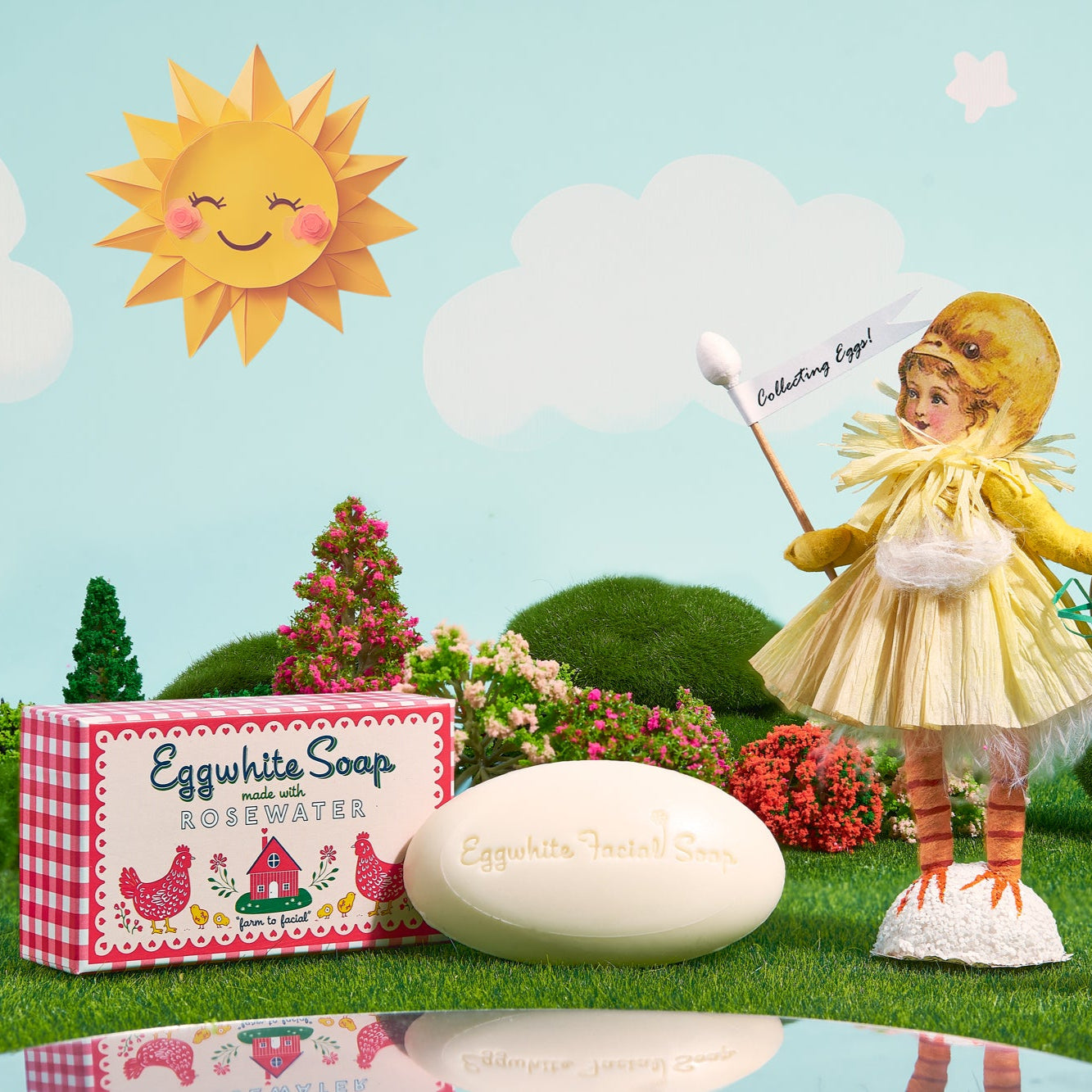 Eggwhite Soap with a fairy and sheep in a garden setting