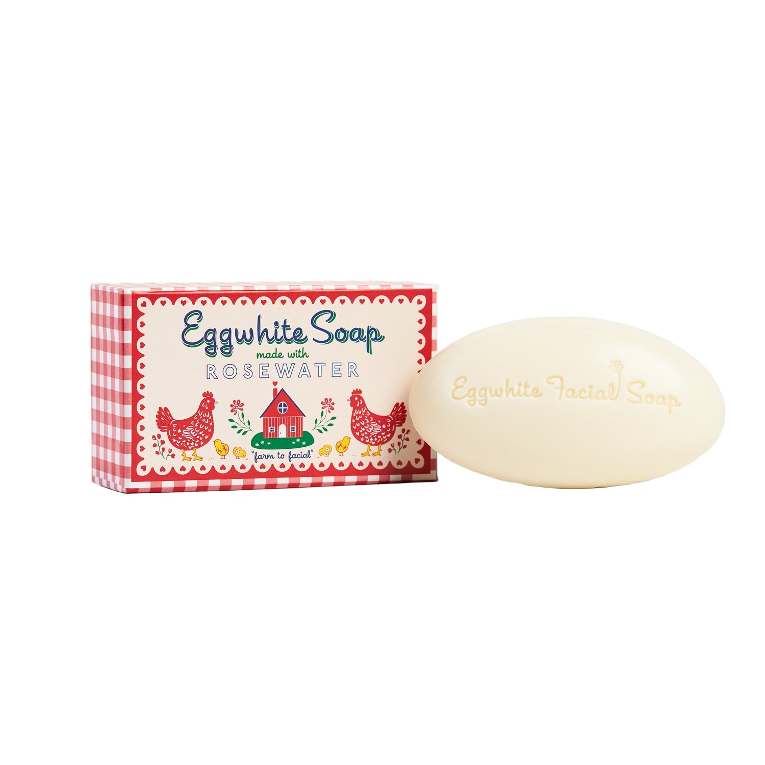 Bar of Eggwhite Soap with a decorative label on a white background