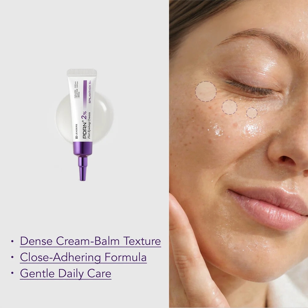 Cosmetic product with a woman applying it to her face, featuring text about product features.