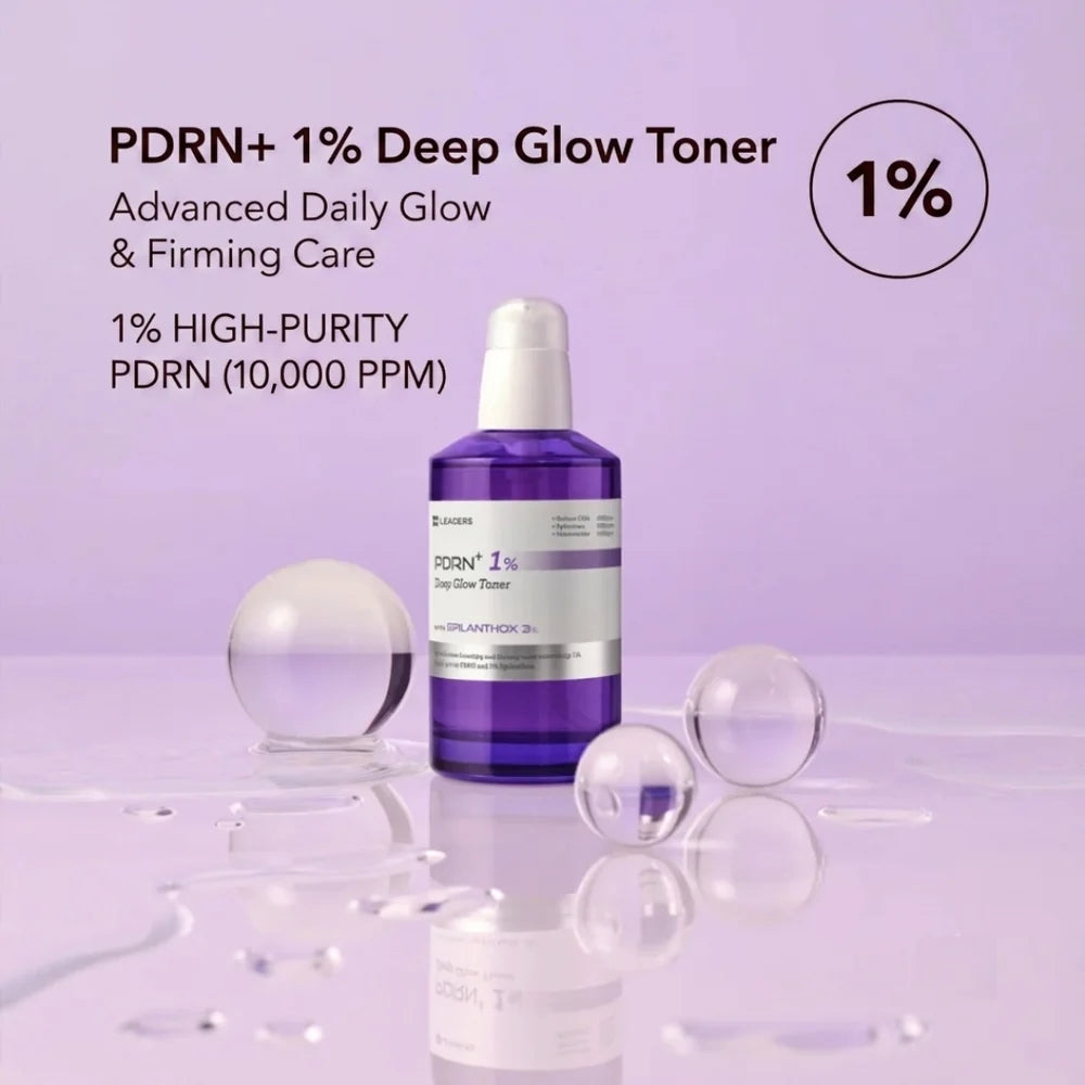 A bottle of PDRN+ 1% Deep Glow Toner centered on a light lavender background with text callouts and clear gel spheres around it. The product is a purple bottle with a white pump and white label.