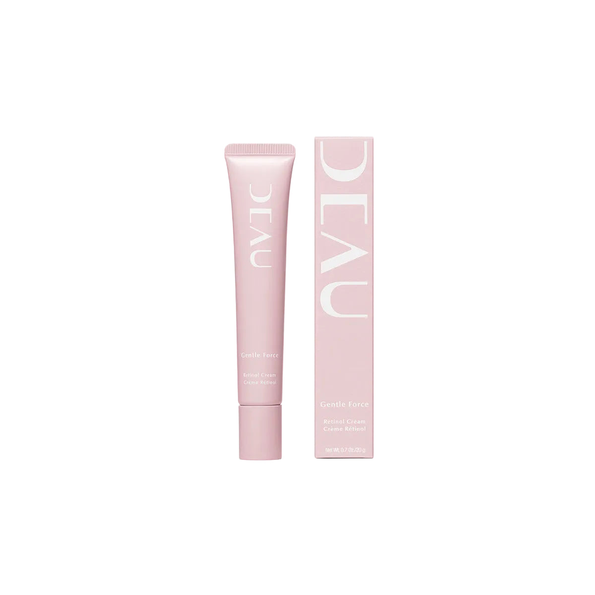 Pink skincare tube and packaging with 'DEAU' branding on a white background
