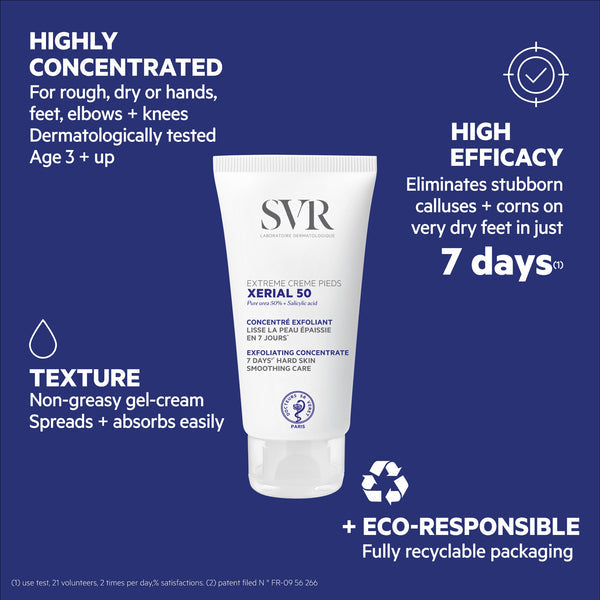 SVR foot care product with text highlighting its features on a blue background