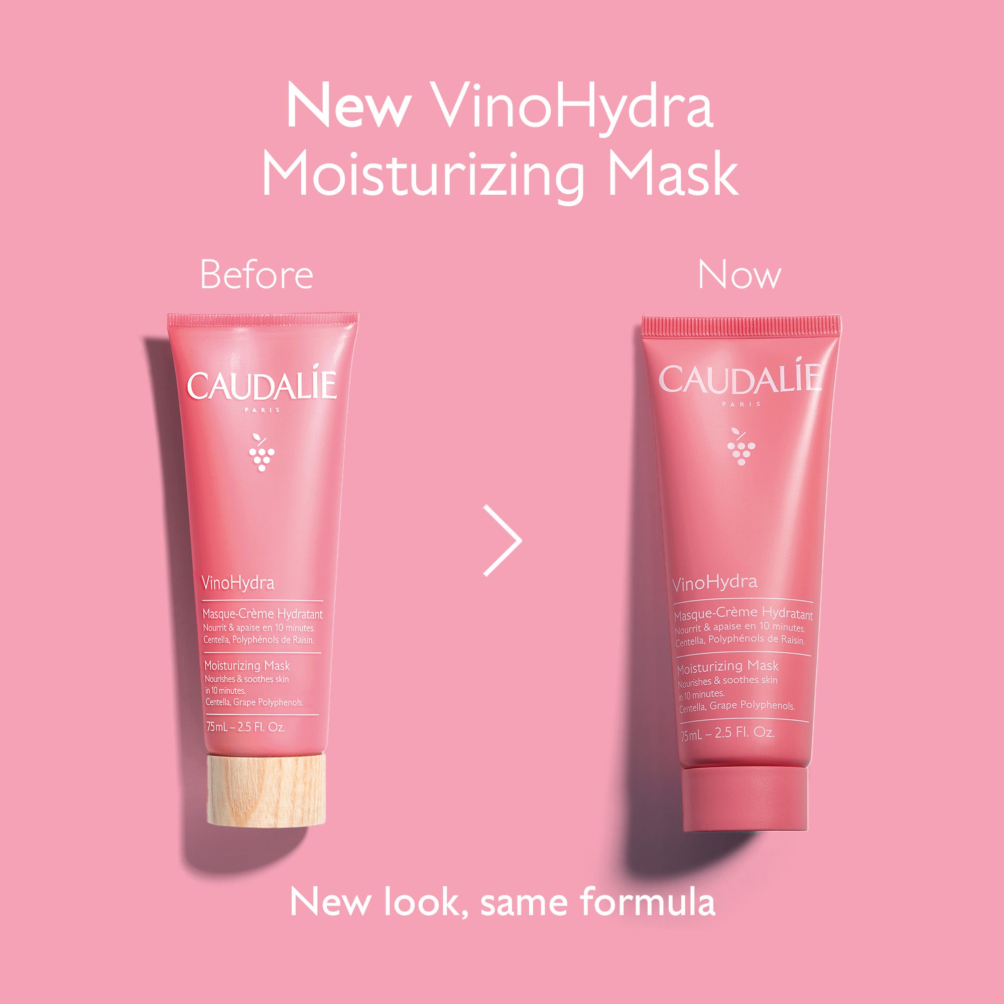 Caudálé VinoHydra moisturizing mask packaging comparison on a pink background