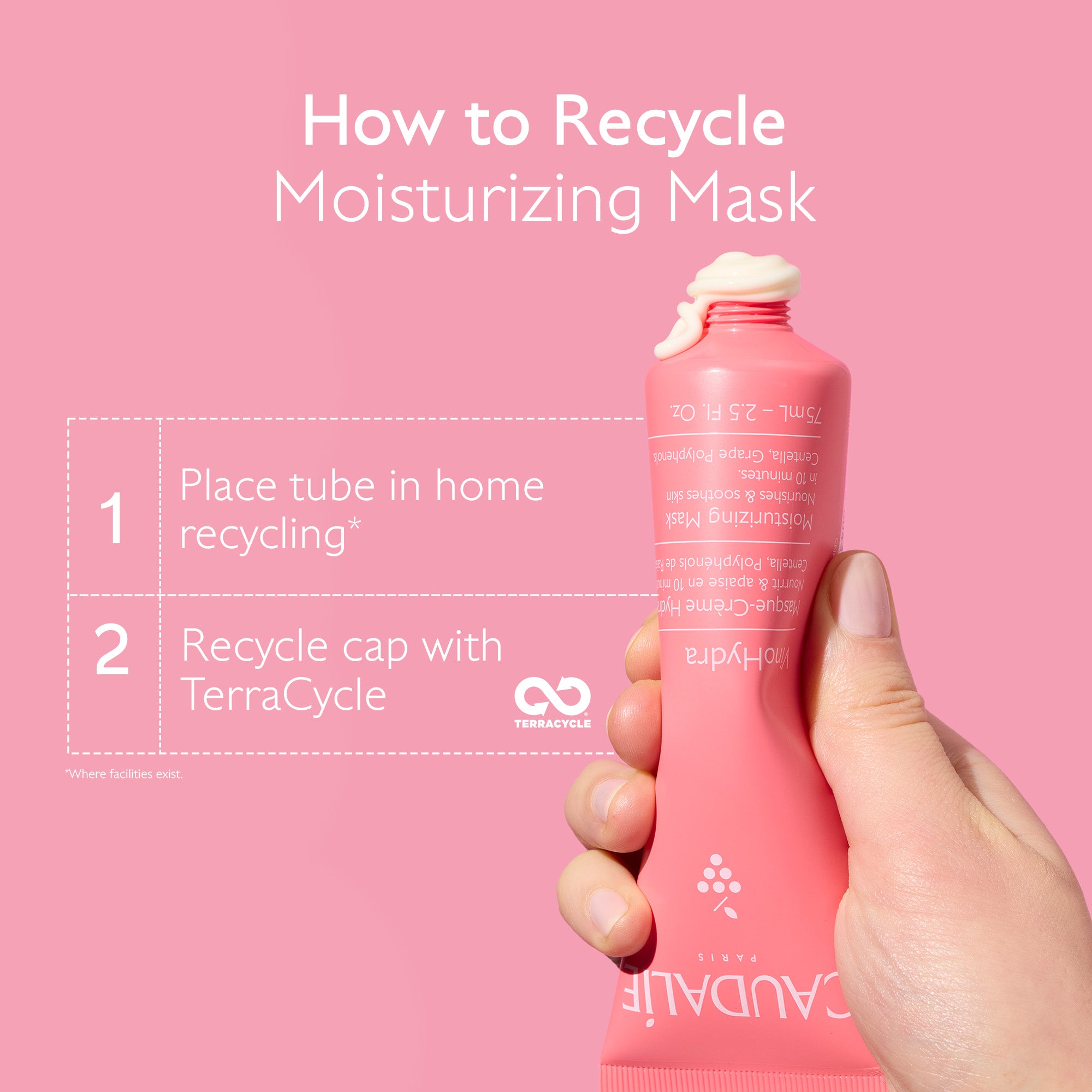 Pink moisturizing mask tube with recycling instructions on a pink background
