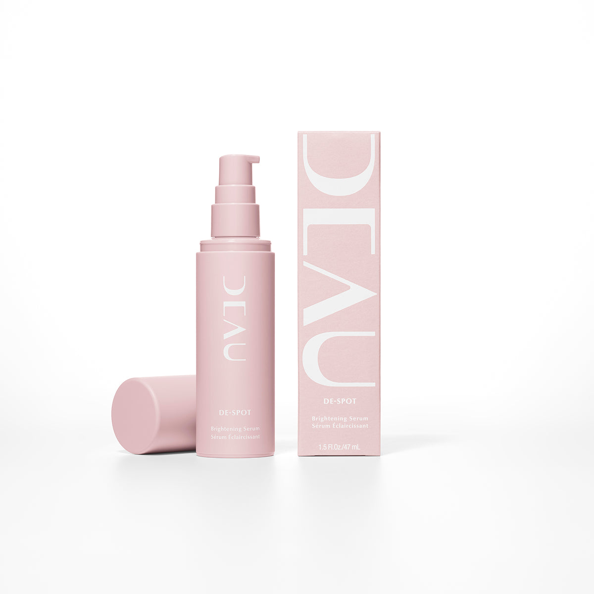 Pink skincare bottle and packaging with 'DEAU' branding on a white background