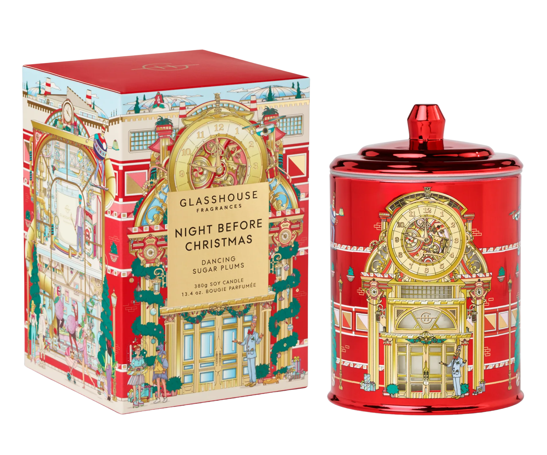 Red candle with decorative design and matching box labeled 'Glasshouse Fragrances Night Before Christmas'.