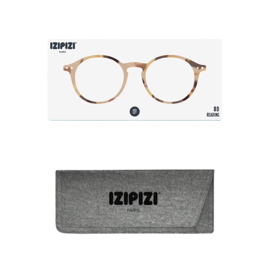 Round eyeglasses with a gray case on a white background, featuring the IZIPIZI brand.