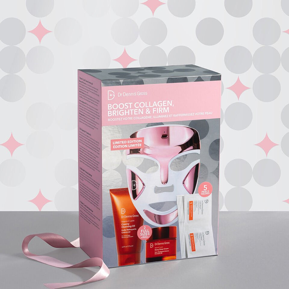 Box of a skincare product with pink ribbon on a gray background