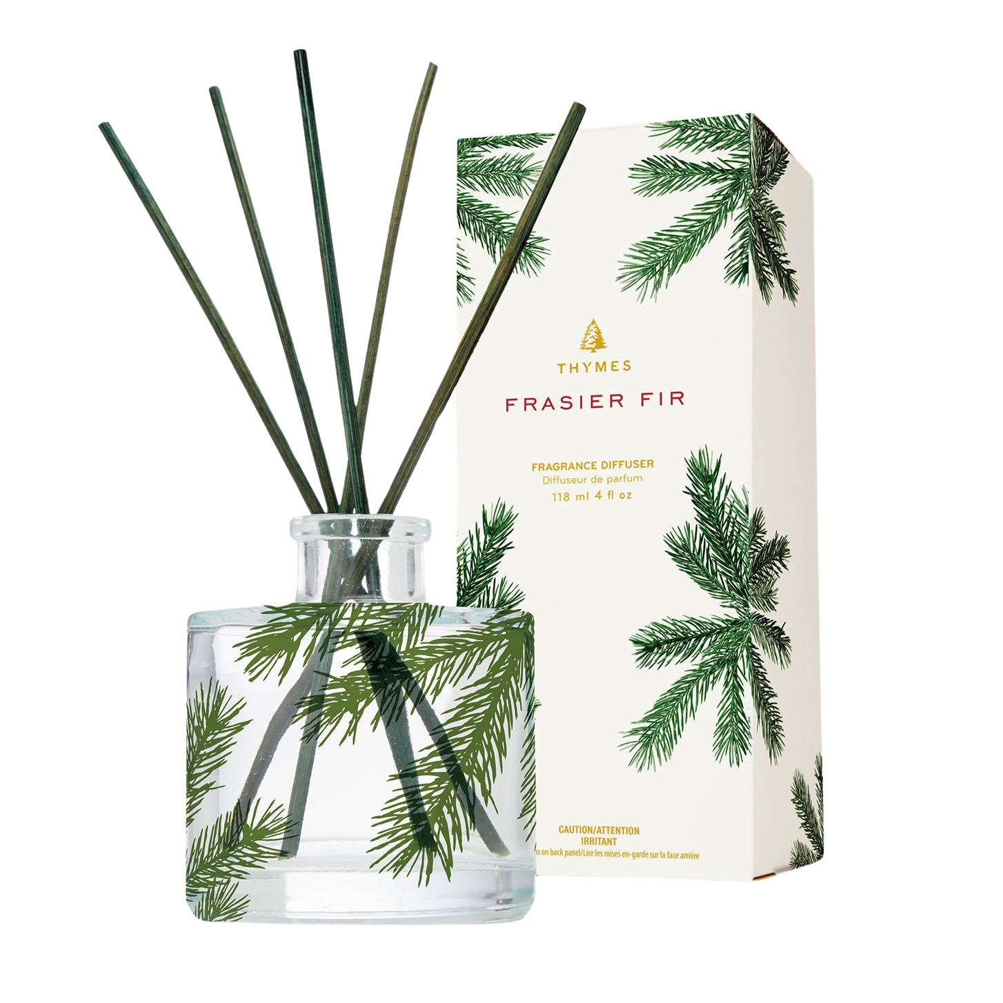 Frasier Fir diffuser with packaging on a white background