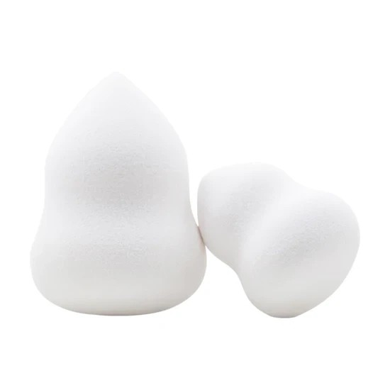 Two white makeup sponges, one teardrop-shaped and one heart-shaped, shown on a plain white background.
