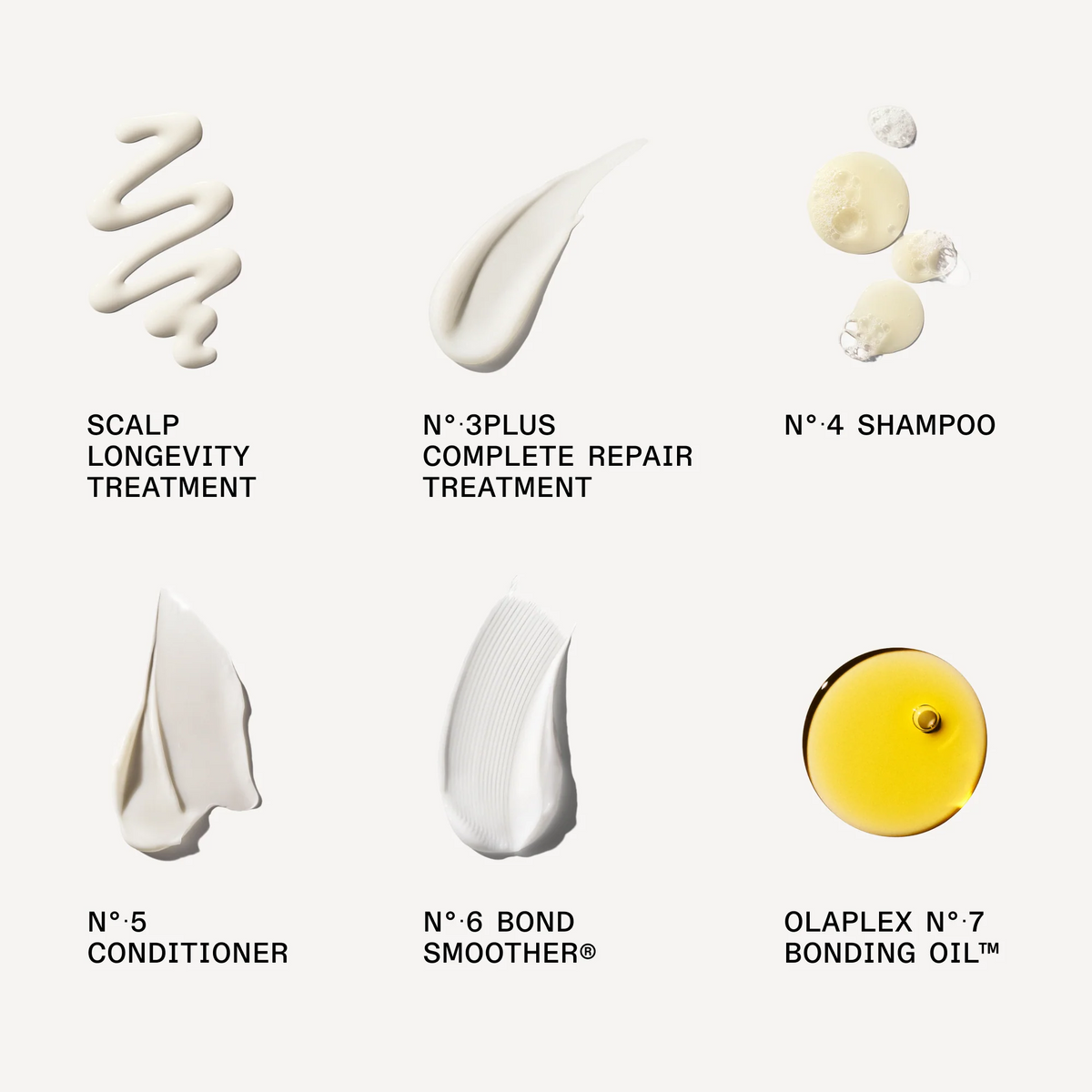 Various hair care product swatches with labels on a white background