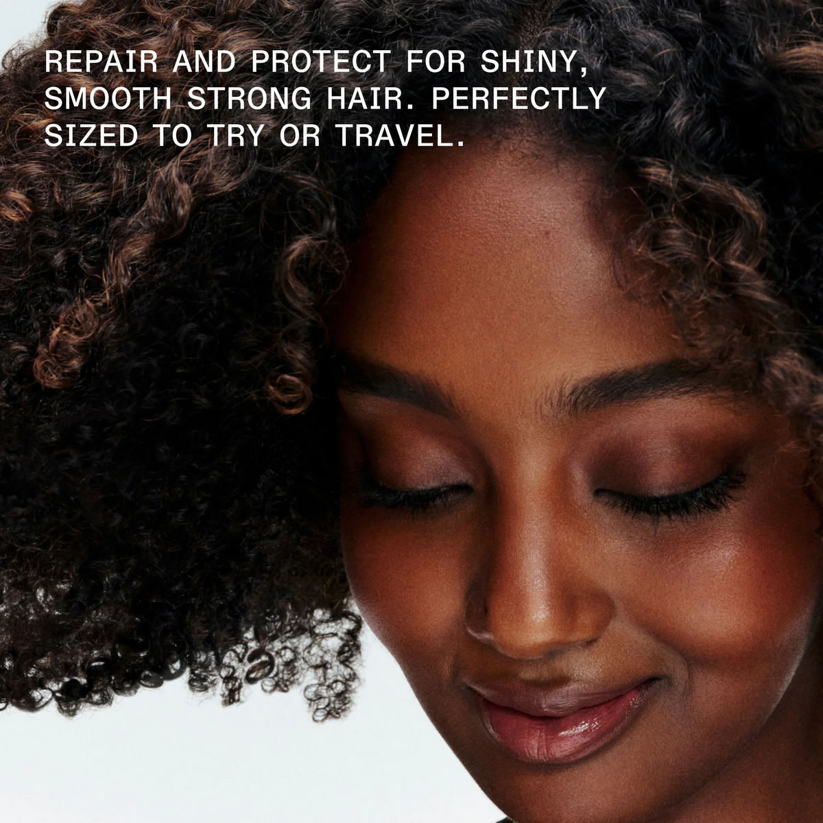 Close-up of a woman with styled hair, with text about hair care products.