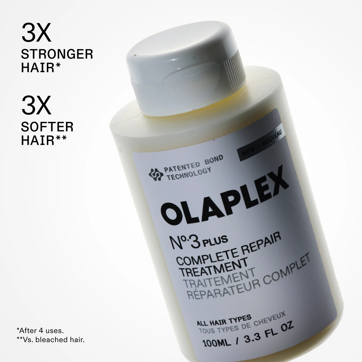 Olaplex No.3 plus Complete Repair Treatment bottle on a white background