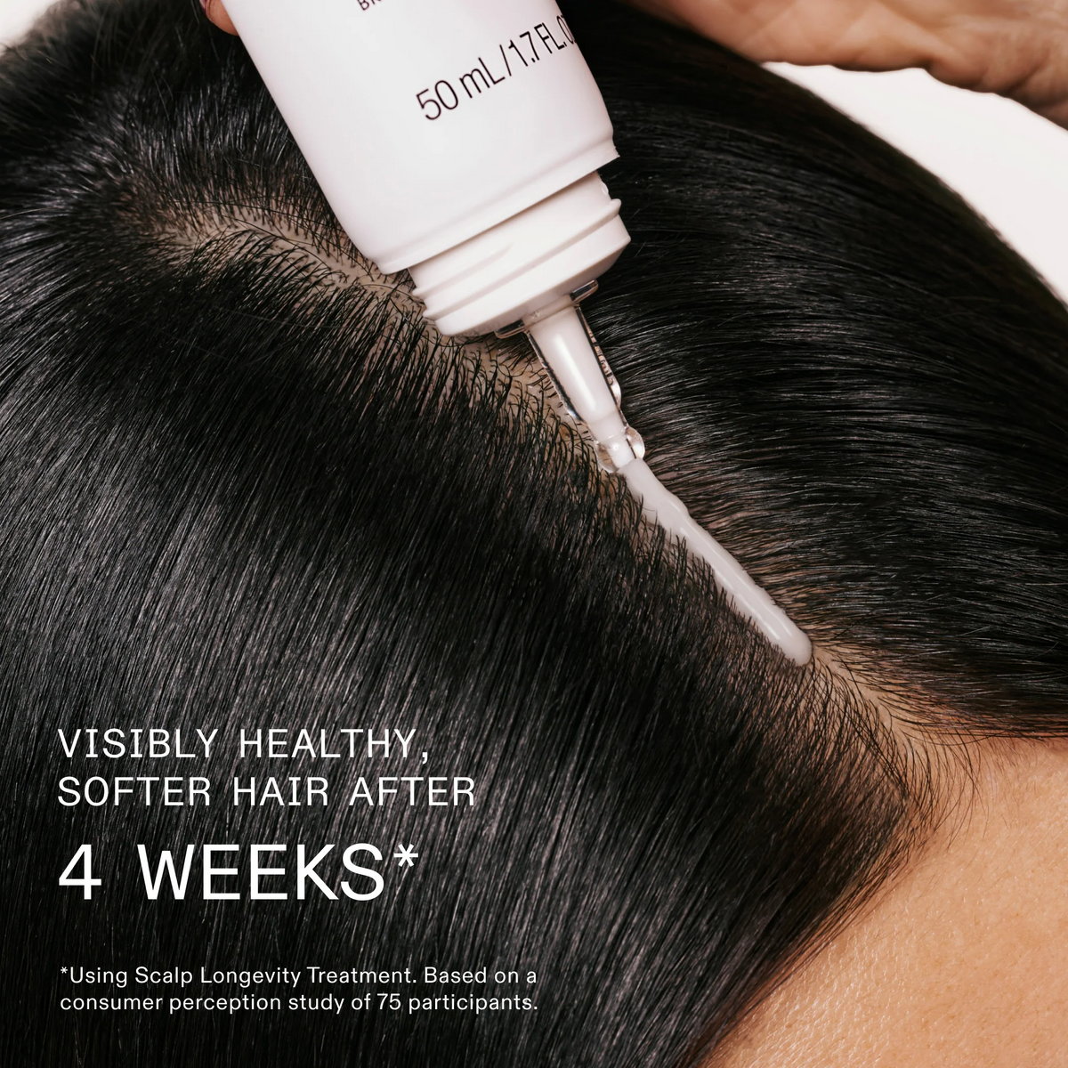 Person applying a hair treatment product to their scalp with text about visible hair health improvement after 4 weeks.