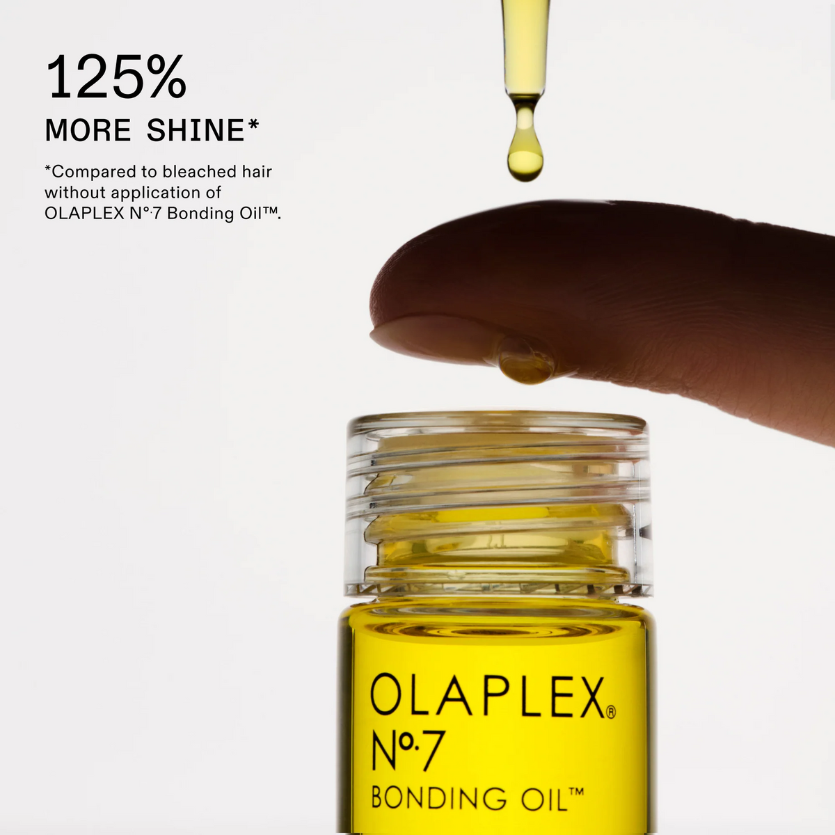 Olaplex No.7 Bonding Oil with a dropper and text highlighting shine benefits.