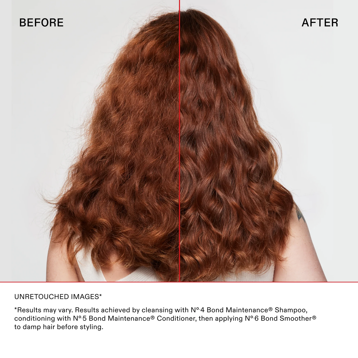 Before and after comparison of hair with a red line dividing the two images.