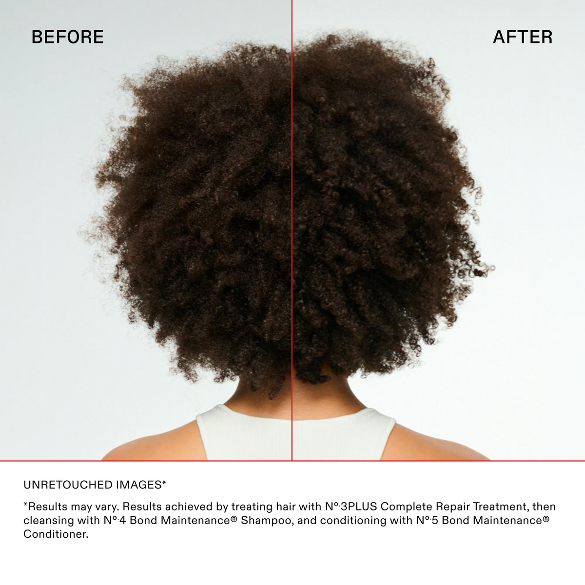 Before and after comparison of hair treatment results on a person with curly hair.