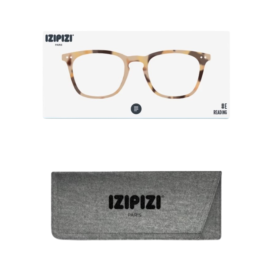 Izipizi eyeglasses with packaging and case on a white background