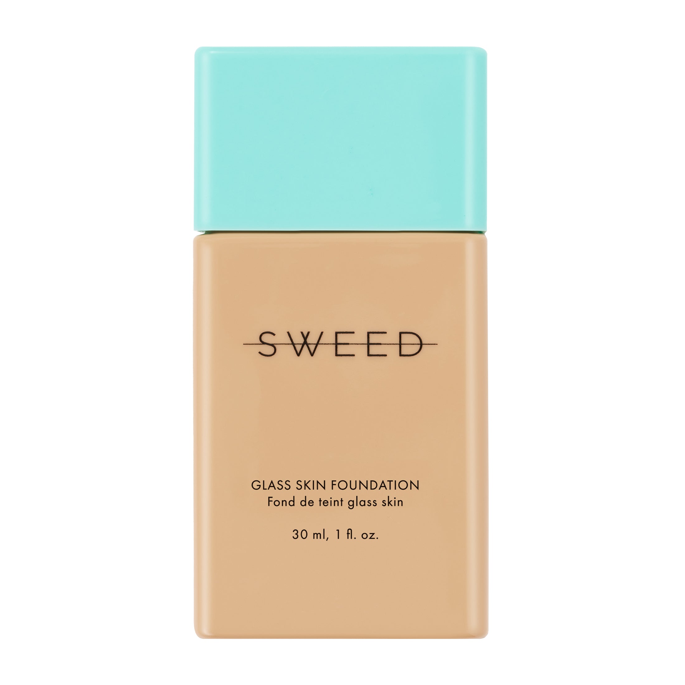 Foundation bottle with a light blue cap and beige body on a white background