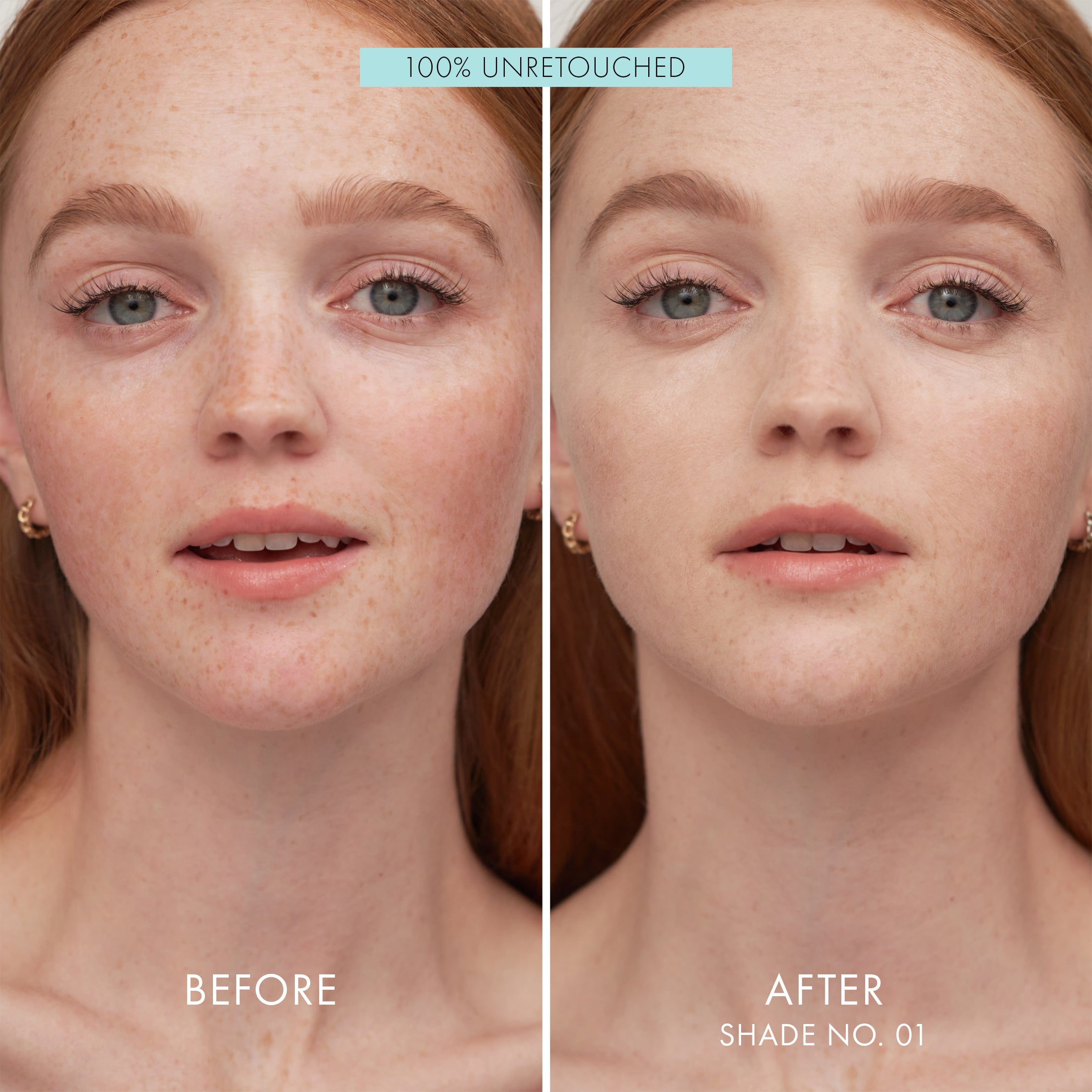 Before and after comparison of a woman's face with visible makeup changes, labeled '100% Unretouched'.