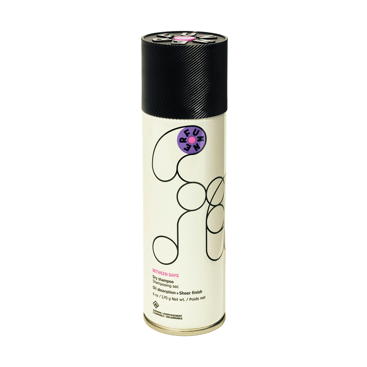 Dry shampoo canister with black and white design on a white background