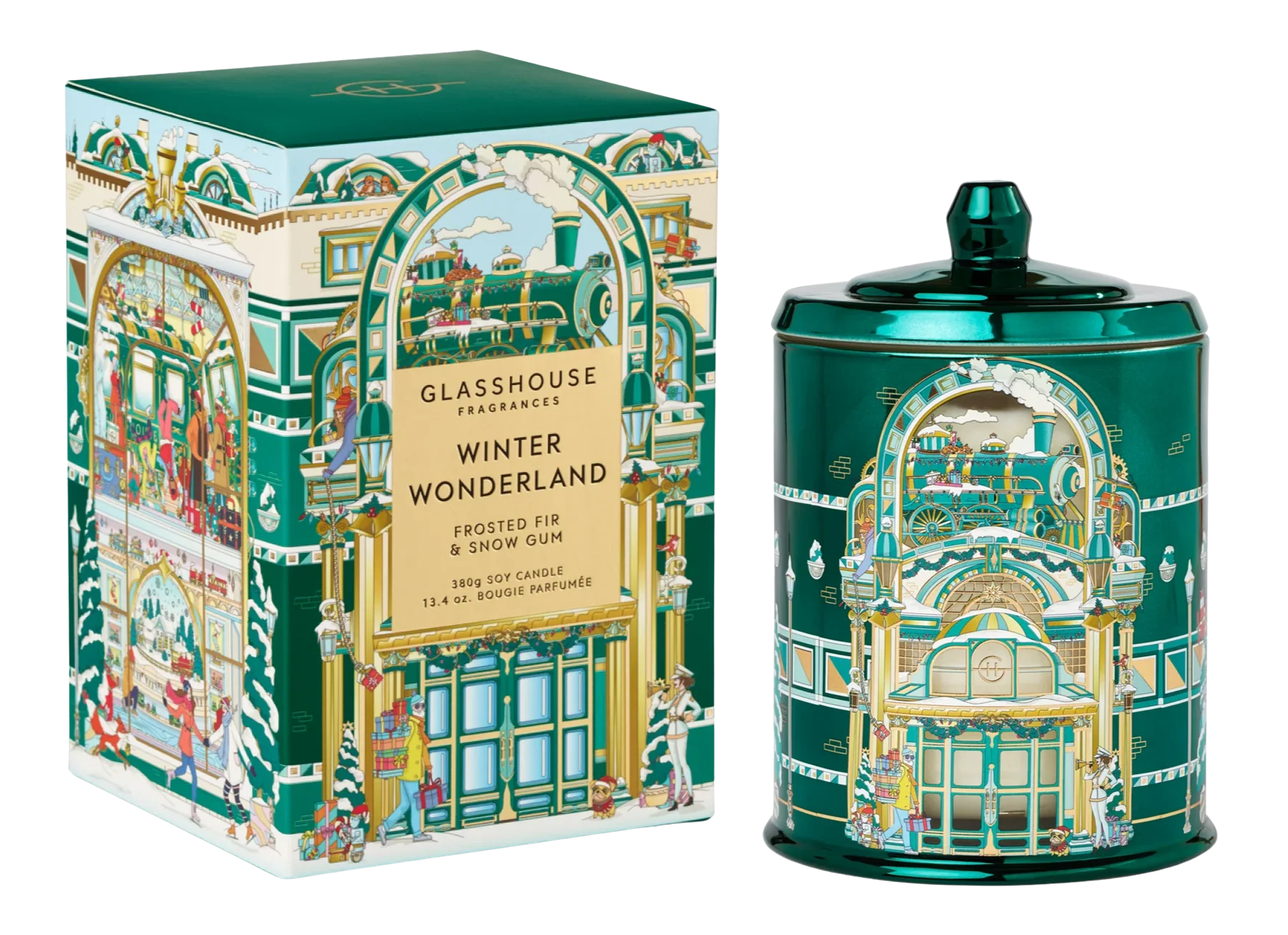 Decorative candle  and packaging with intricate designs and 'Glasshouse' branding.